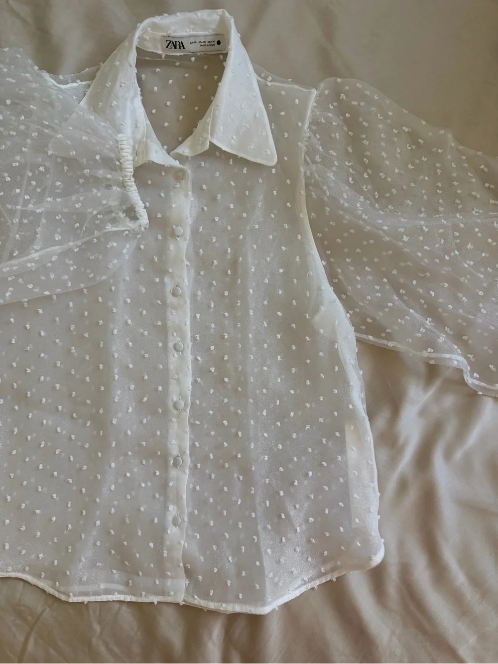 Zara White Swiss Dot Sheer Puff Sleeve Shirt